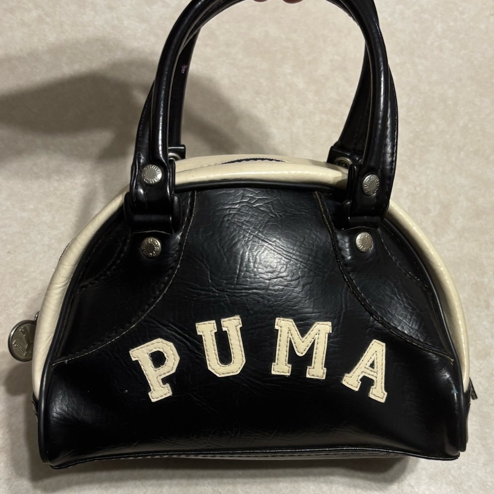 Mini Vintage Puma Faux Leather Bowling Bag, black & white, EUC